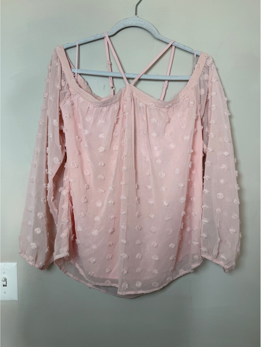 Women's Medium Pink Sheer Swiss Dot Long Sleeve Blouse. Off Shoulder. Strappy.